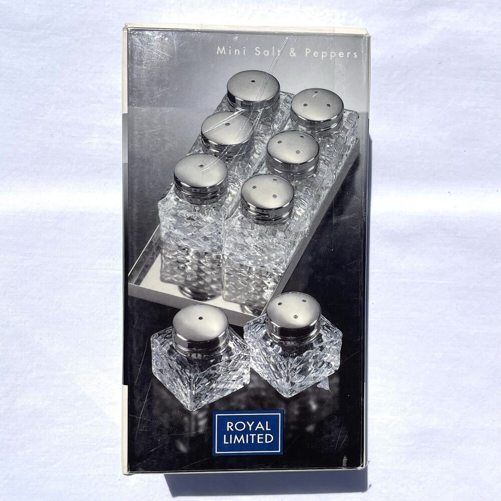 Vintage Royal Limited Set Of 8 Mini Crystal Silver Salt Pepper Shakers On Tray
